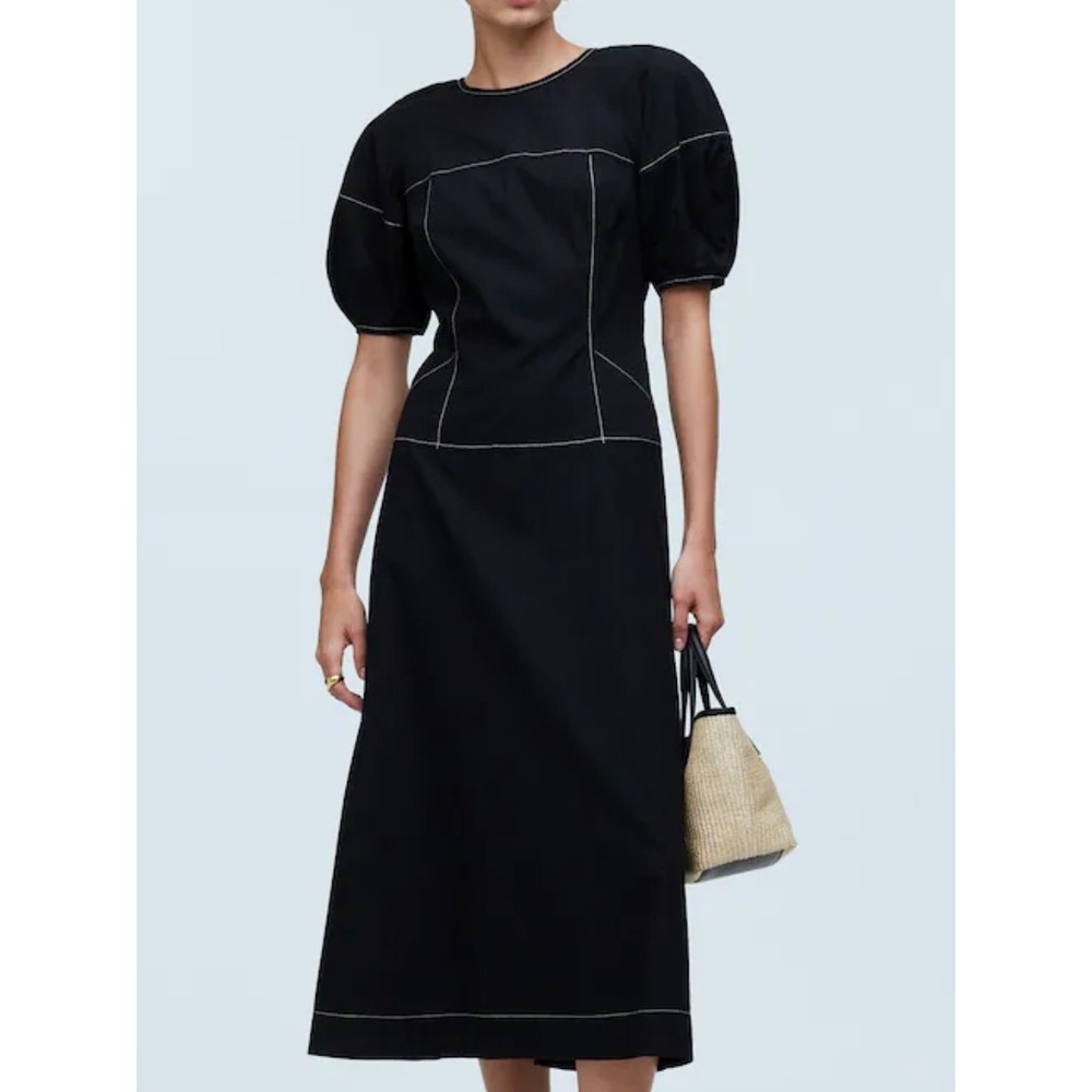 Madewell Puff-Sleeve Drop-Waist Midi Dress Women 2 Black Contrast Stitch